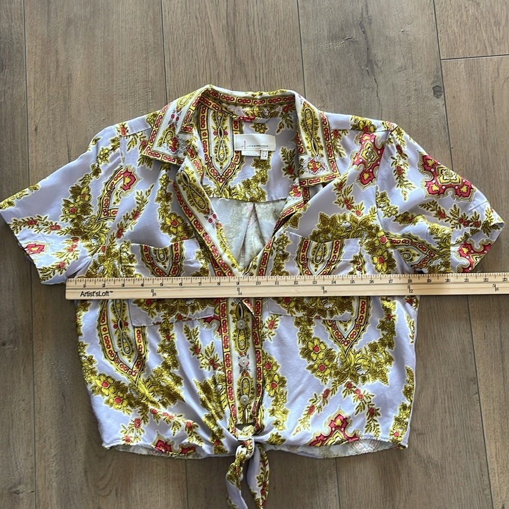 Anthropologie Maeve Echarpe Medallion Scarf Print Blouse Sz 6 Cropped Casual EUC - Picture 8 of 11